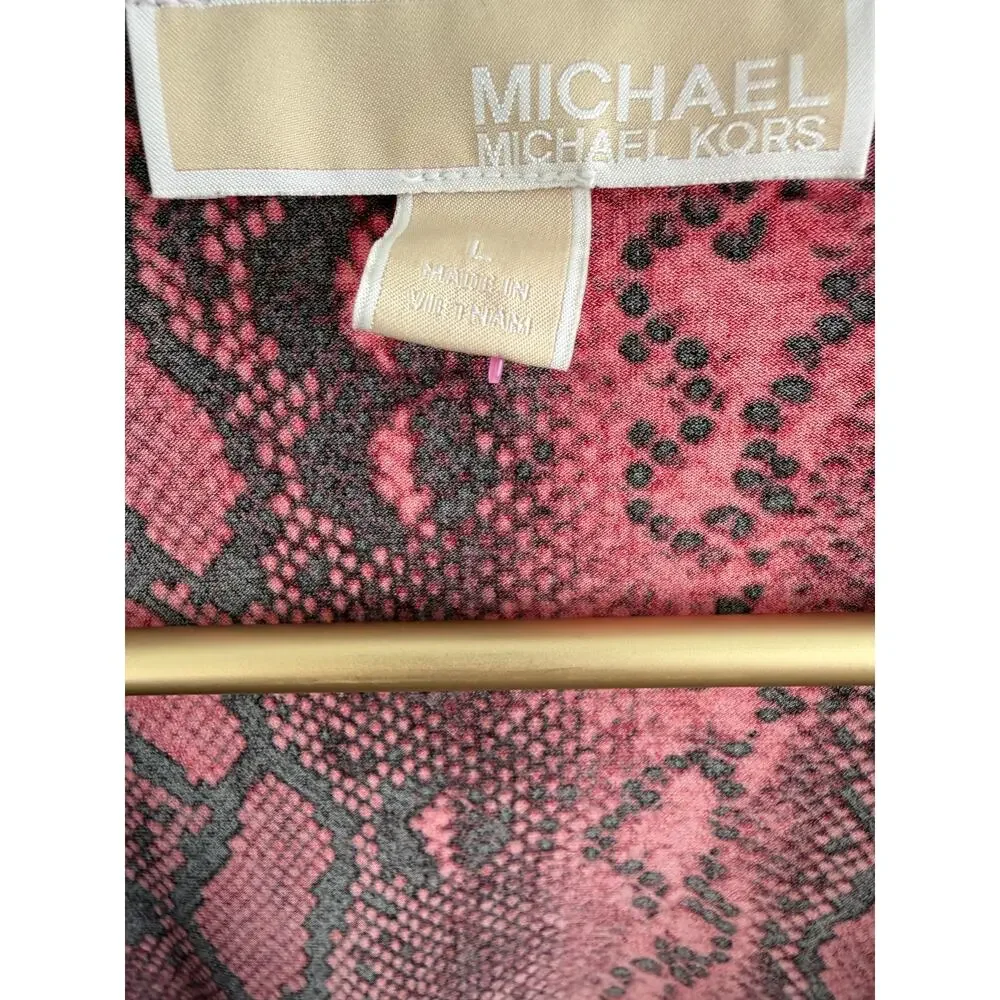MICHAEL KORS Red Snakeskin Faux Wrap Top L Long Sleeve Side Zip EUC